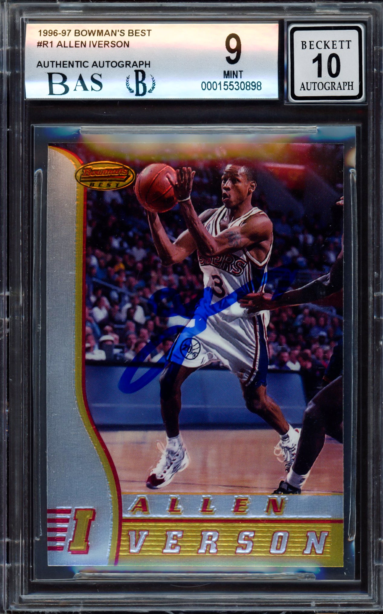 Allen Iverson Autographed 1996-97 Bowman's Best Rookie Card #R1 Philadelphia 76ers BGS 9 Auto Grade Gem Mint 10 Beckett BAS #15530898