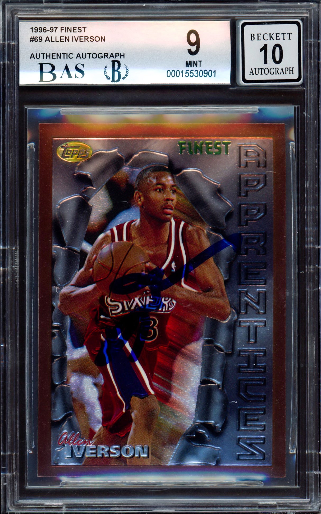 Allen Iverson Autographed 1996-97 Finest Rookie Card #69 Philadelphia 76ers BGS 9 Auto Grade Gem Mint 10 Beckett BAS #15530901