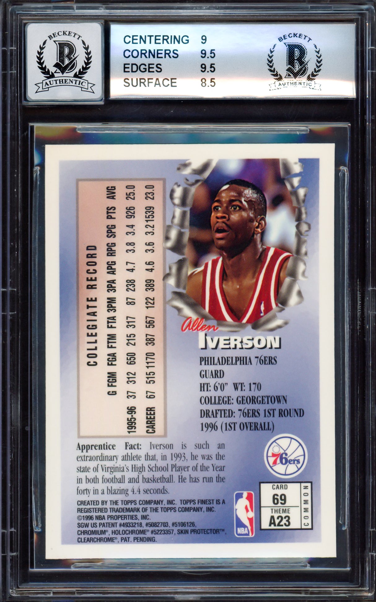 Allen Iverson Autographed 1996-97 Finest Rookie Card #69 Philadelphia 76ers BGS 9 Auto Grade Gem Mint 10 Beckett BAS #15530901