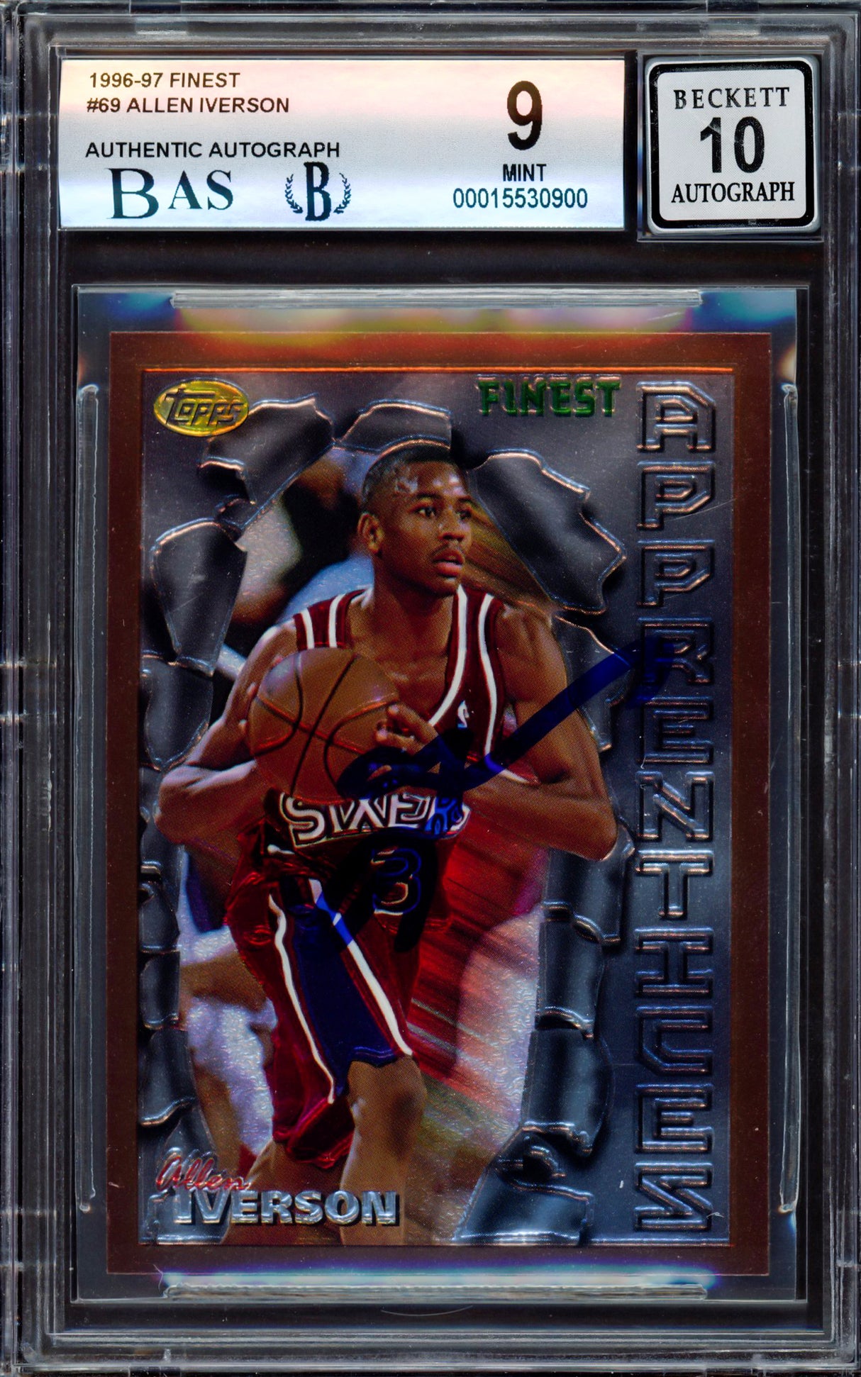 Allen Iverson Autographed 1996-97 Finest Rookie Card #69 Philadelphia 76ers BGS 9 Auto Grade Gem Mint 10 Beckett BAS #15530900