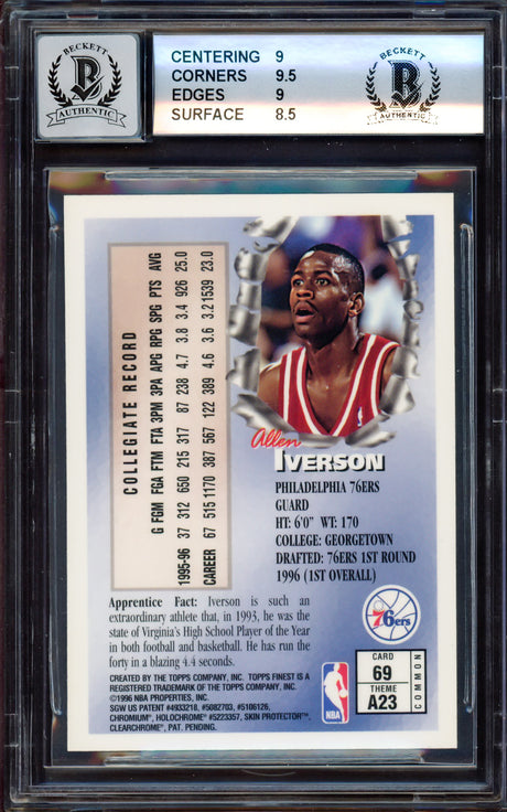 Allen Iverson Autographed 1996-97 Finest Rookie Card #69 Philadelphia 76ers BGS 9 Auto Grade Gem Mint 10 Beckett BAS #15530900