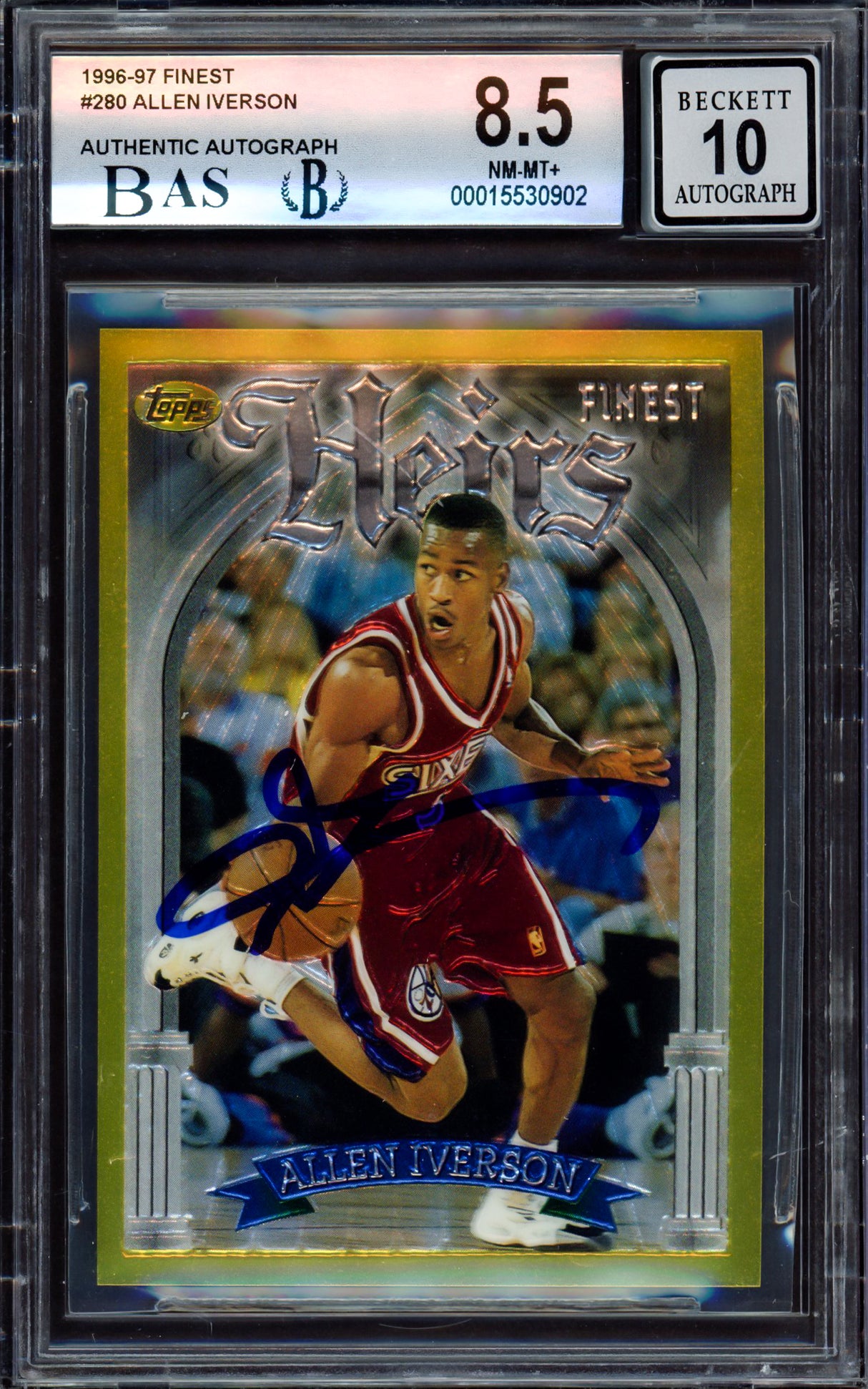 Allen Iverson Autographed 1996-97 Finest Gold Rookie Card #280 Philadelphia 76ers BGS 8.5 Auto Grade Gem Mint 10 Beckett BAS #15530902
