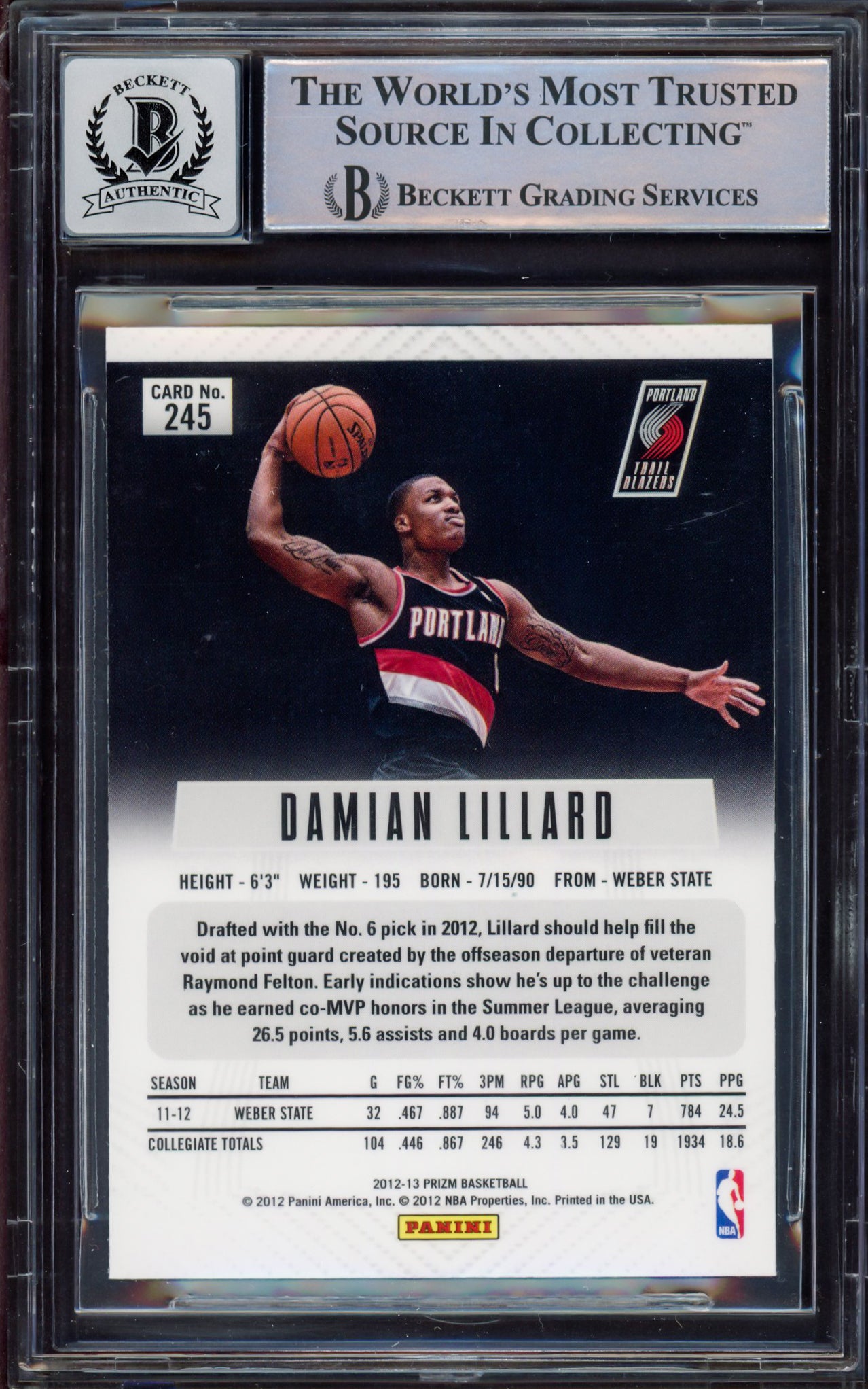 Damian Lillard Autographed 2012-13 Panini Prizm Rookie Card #245 Portland Trail Blazers Auto Grade Gem Mint 10 Beckett BAS #15531089