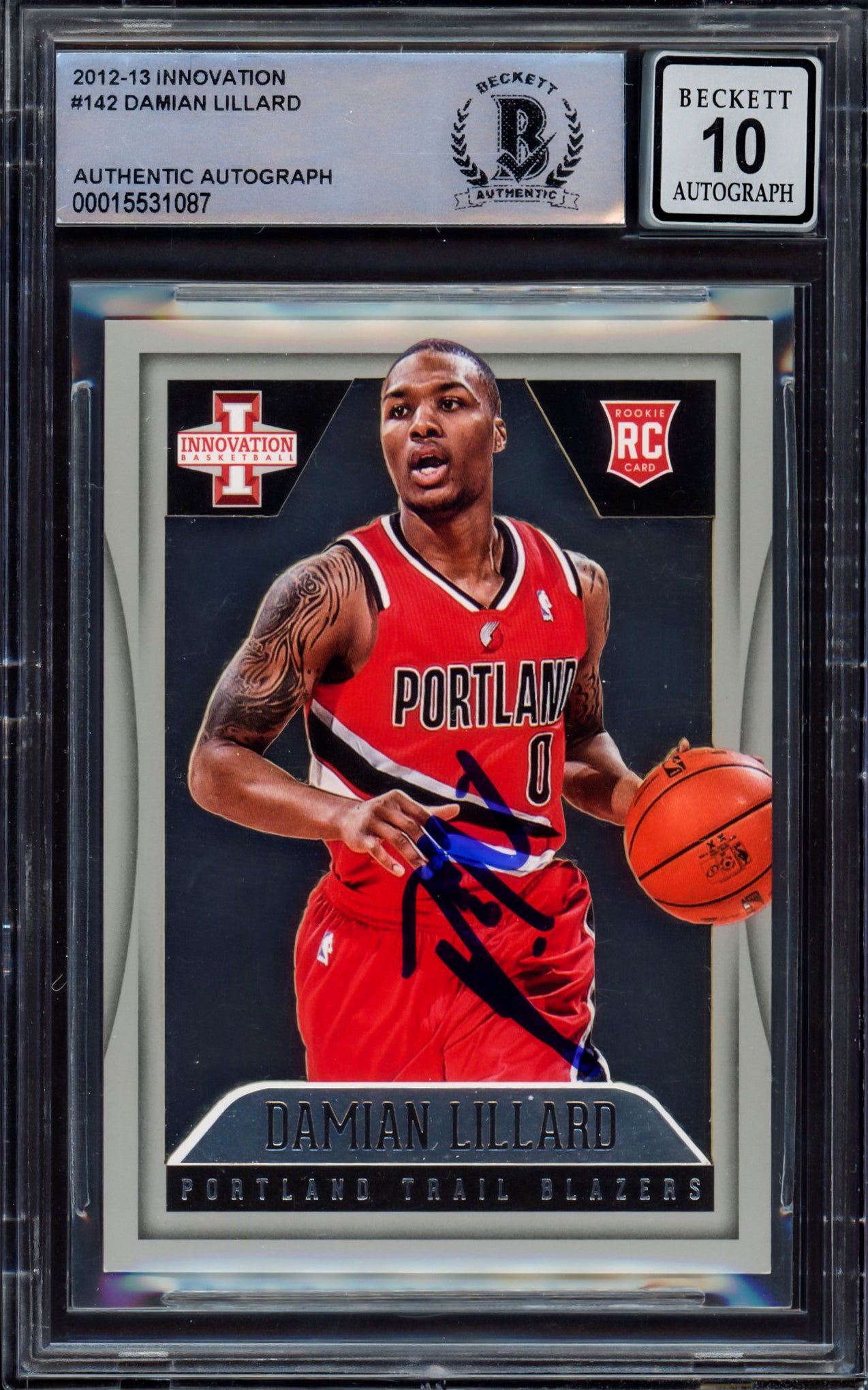 Damian Lillard Autographed 2012-13 Panini Innovation Rookie Card #142 Portland Trail Blazers Auto Grade Gem Mint 10 #34/349 Beckett BAS #15531087