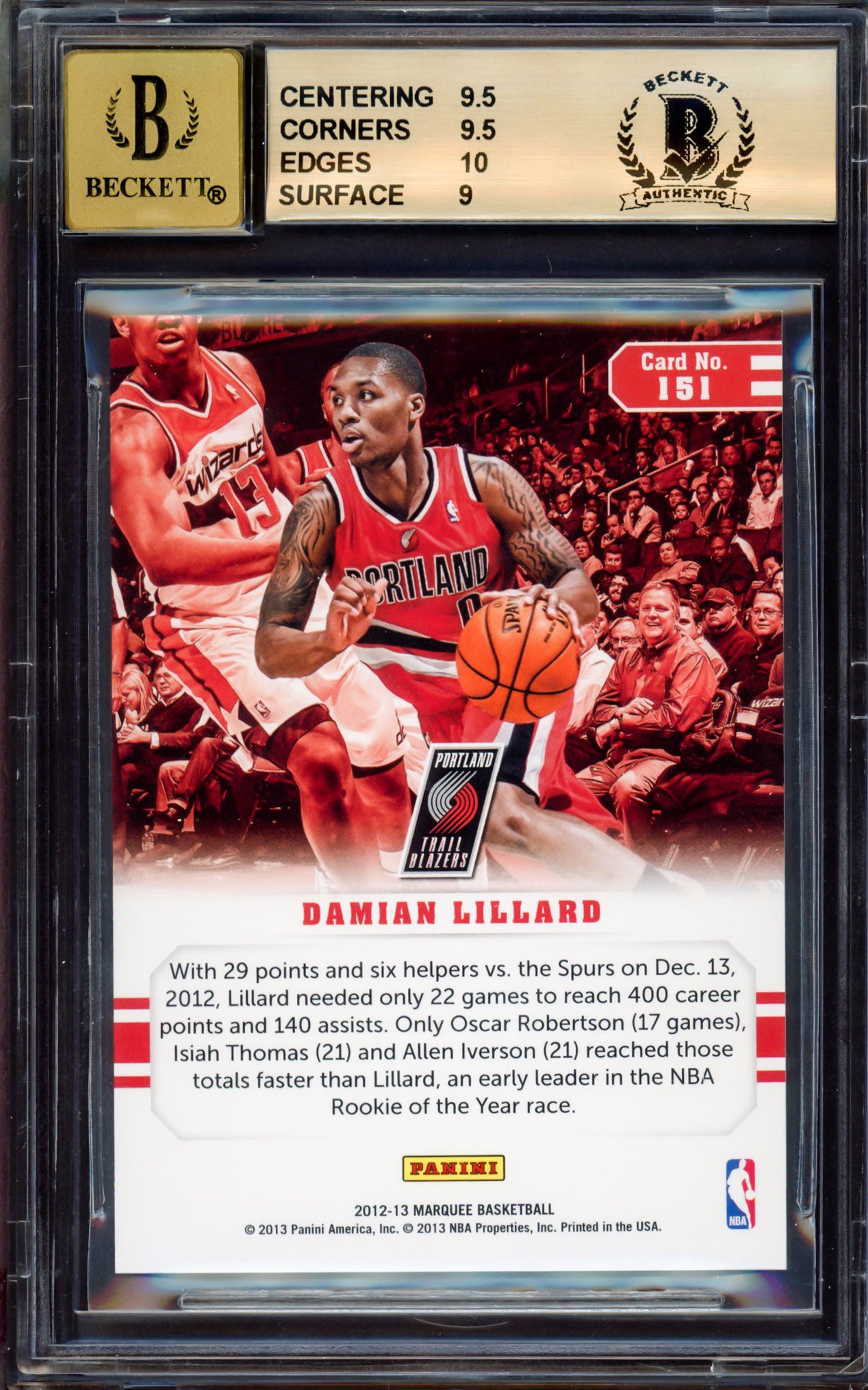 Damian Lillard Autographed 2012-13 Panini Marquee Rookie Card #151 Portland Trail Blazers BGS 9.5 Auto Grade Gem Mint 10 Beckett BAS #15529831