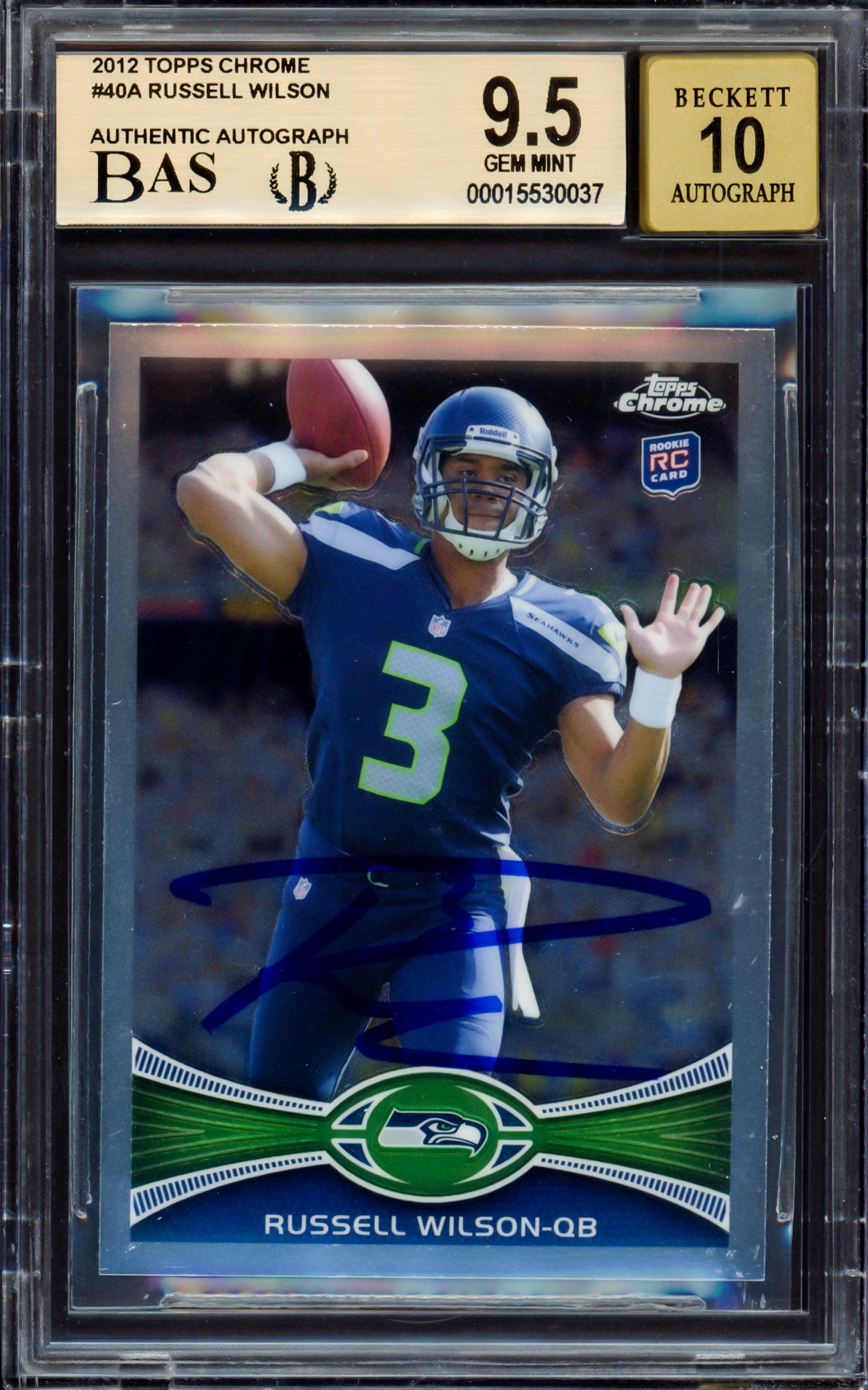 Russell Wilson Autographed 2012 Topps Chrome Rookie Card #40A Seattle Seahawks BGS 9.5 Auto Grade Gem Mint 10 Beckett BAS #15530037