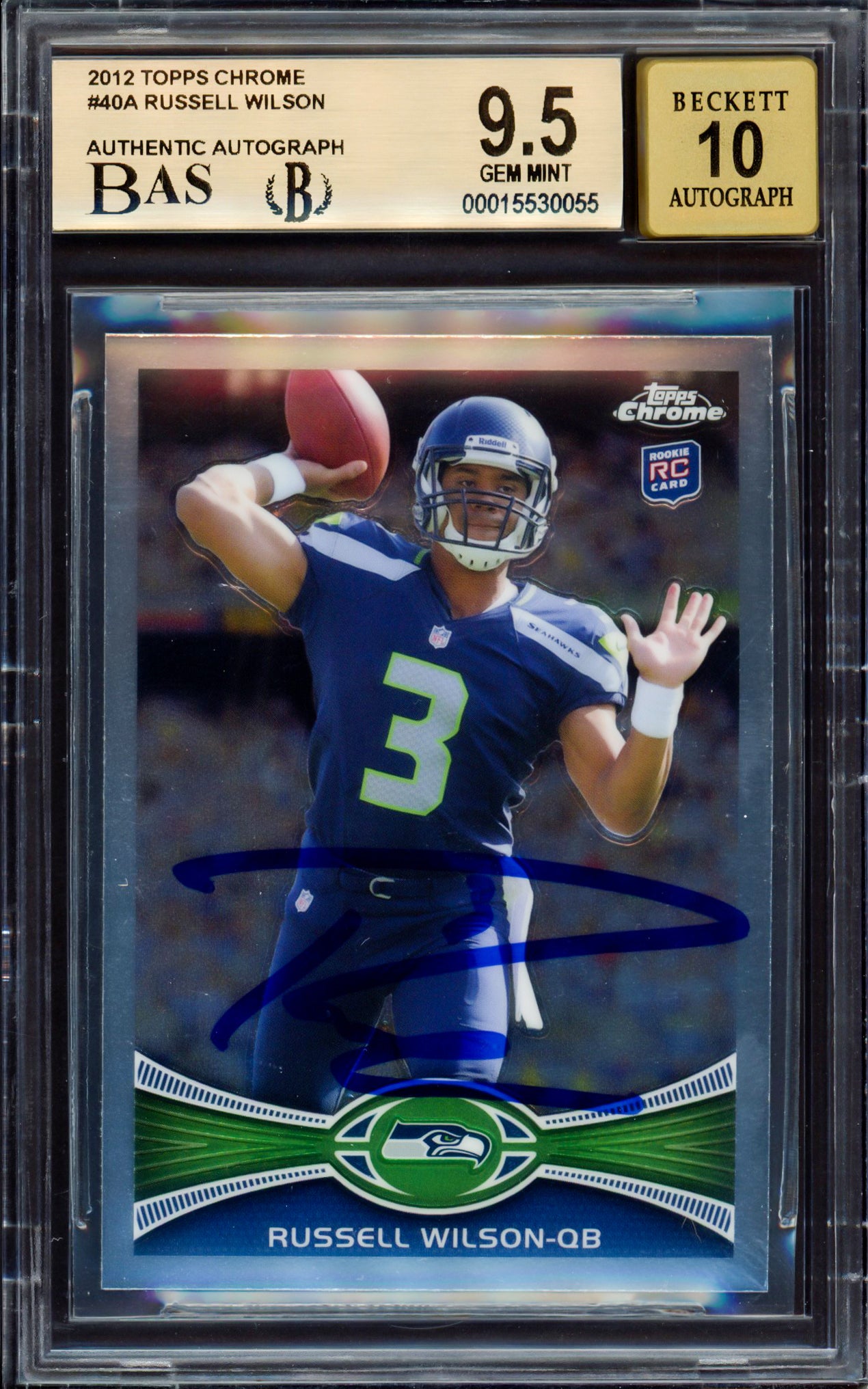 Russell Wilson Autographed 2012 Topps Chrome Rookie Card #40A Seattle Seahawks BGS 9.5 Auto Grade Gem Mint 10 Beckett BAS #15530055