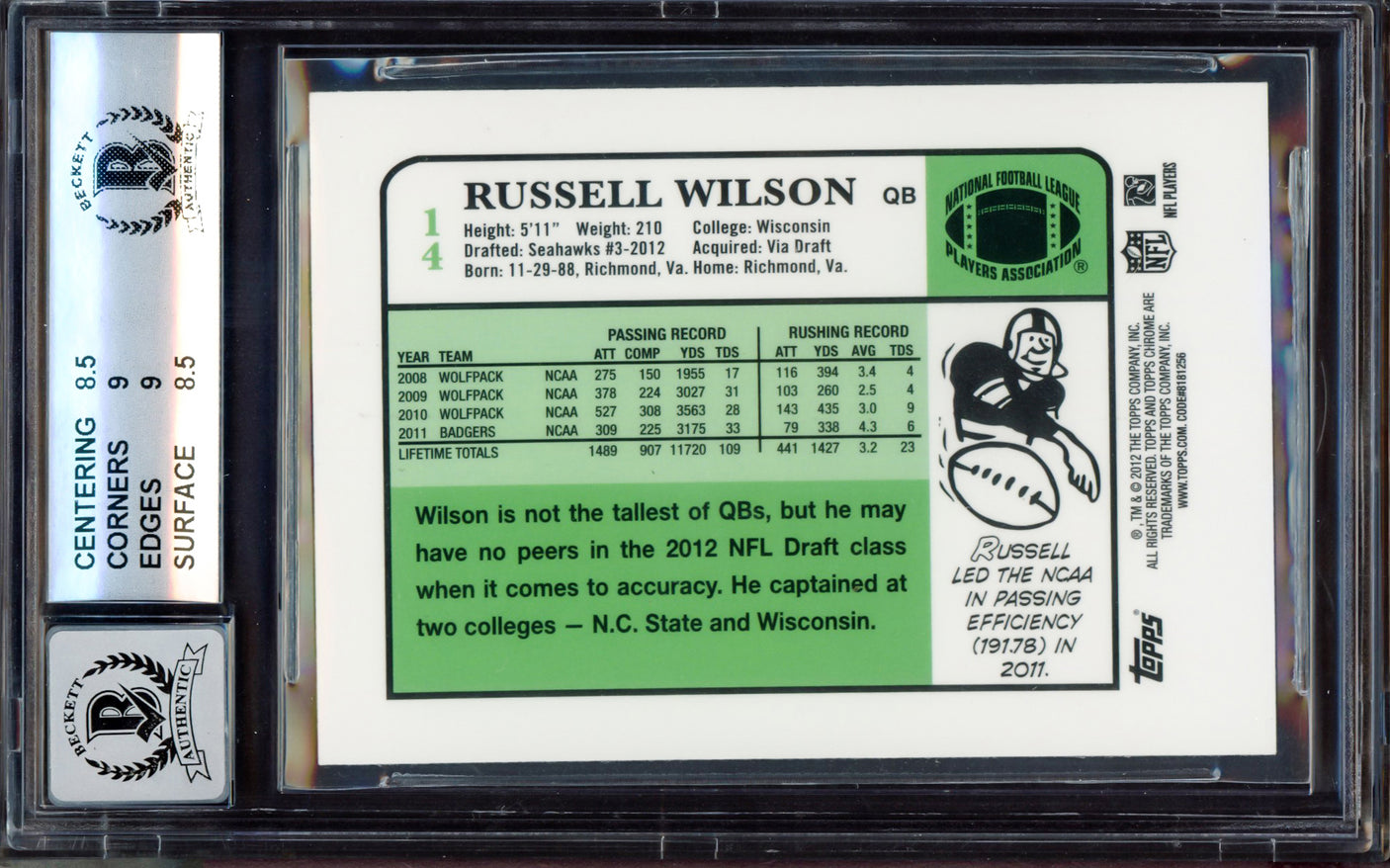 Russell Wilson Autographed 2012 Topps Chrome 1984 Rookie Card #14 Seattle Seahawks BGS 8.5 Auto Grade Gem Mint 10 Beckett BAS #15530163
