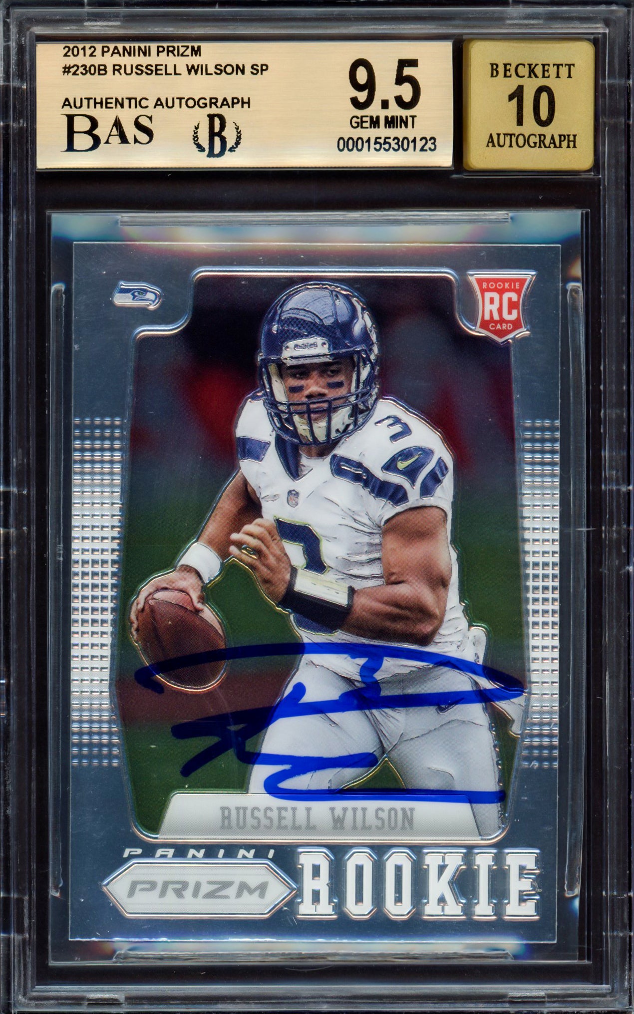 Russell Wilson Autographed 2012 Panini Prizm Towel Down Rookie Card #230B Seattle Seahawks BGS 9.5 Auto Grade Gem Mint 10 Beckett BAS #15530123
