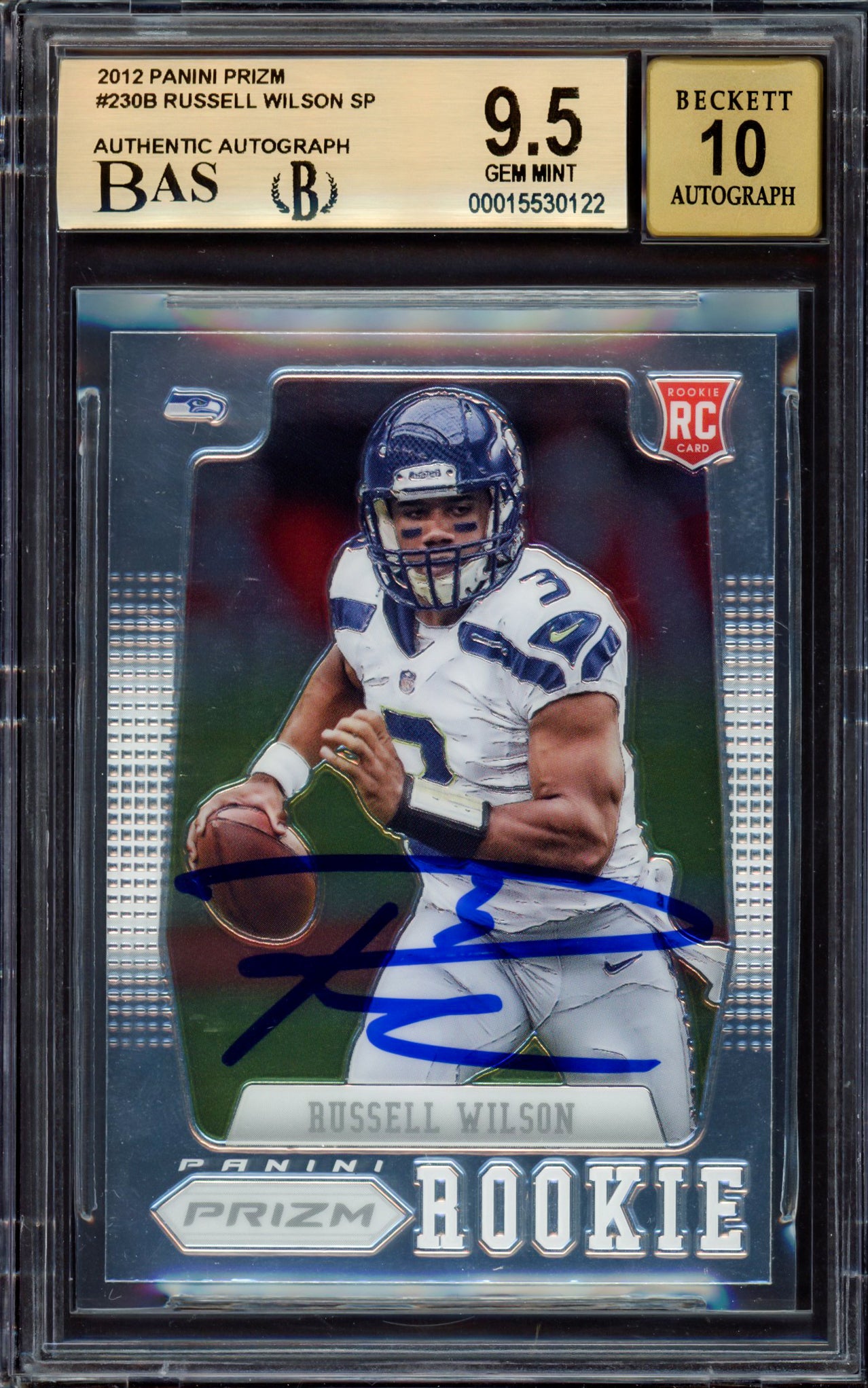 Russell Wilson Autographed 2012 Panini Prizm Towel Down Rookie Card #230B Seattle Seahawks BGS 9.5 Auto Grade Gem Mint 10 Beckett BAS #15530122