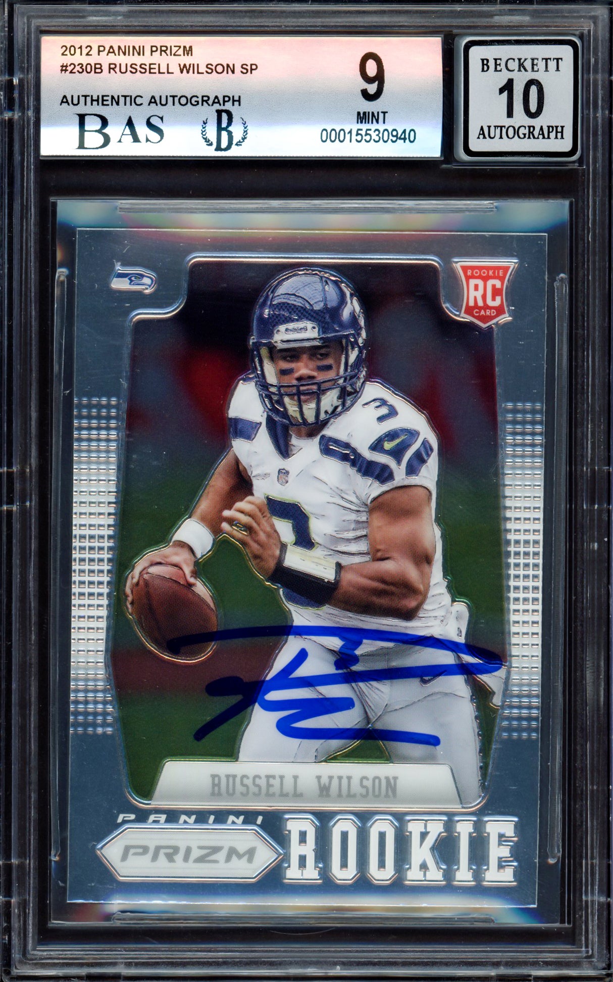 Russell Wilson Autographed 2012 Panini Prizm Towel Down Rookie Card #230B Seattle Seahawks BGS 9 Auto Grade Gem Mint 10 Beckett BAS #15530940