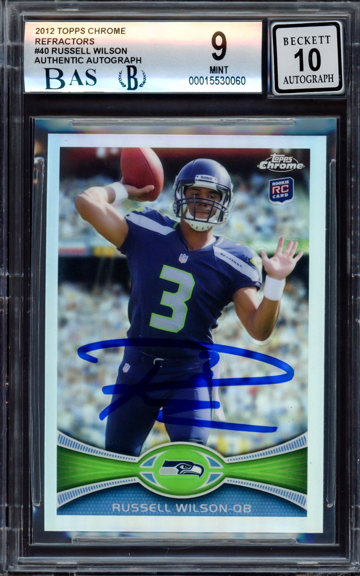 Russell Wilson Autographed 2012 Topps Chrome Refractor Rookie Card #40 Seattle Seahawks BGS 9 Auto Grade Gem Mint 10 Beckett BAS #15530060