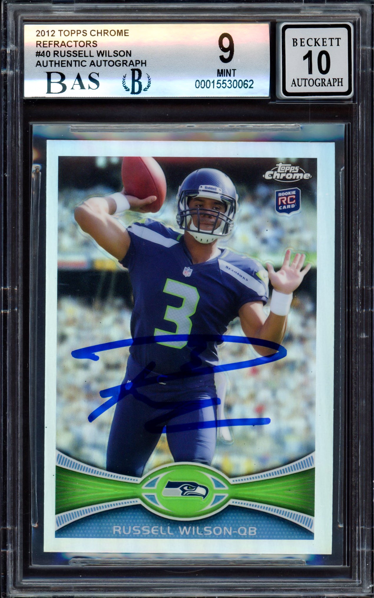Russell Wilson Autographed 2012 Topps Chrome Refractor Rookie Card #40 Seattle Seahawks BGS 9 Auto Grade Gem Mint 10 Beckett BAS #15530062