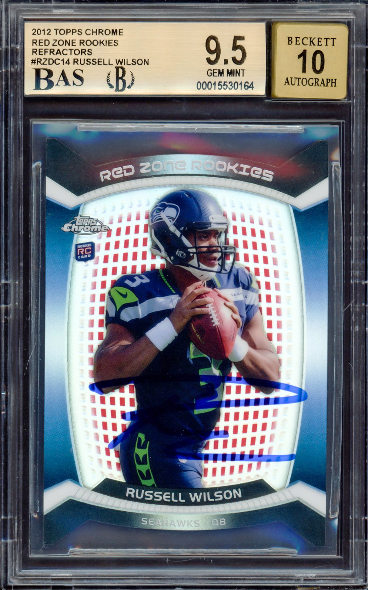 Russell Wilson Autographed 2012 Topps Chrome Red Zone Rookie Refractor Rookie Card #RZDC-14 Seattle Seahawks BGS 9.5 Auto Grade Gem Mint 10 Beckett BAS #15530164