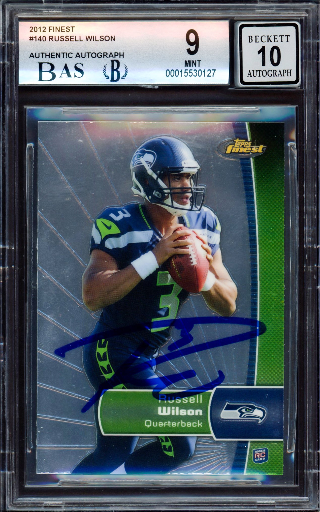 Russell Wilson Autographed 2012 Topps Finest Rookie Card #140 Seattle Seahawks BGS 9 Auto Grade Gem Mint 10 Beckett BAS #15530127