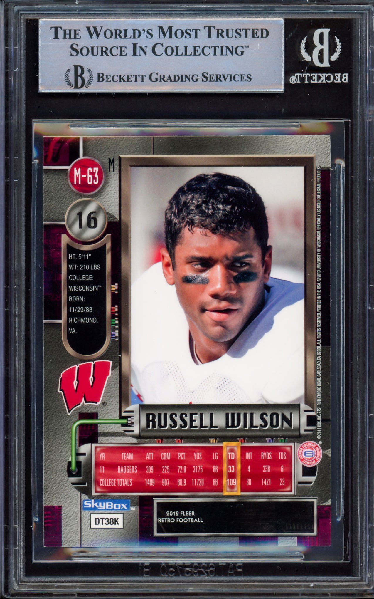 Russell Wilson Autographed 2012 Fleer Metal Universe Rookie Card #M-63 Wisconsin Badgers Beckett BAS #15531351