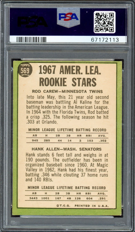 Rod Carew Autographed 1967 Topps AL Rookies Rookie Card #569 Minnesota Twins PSA 4 Auto Grade Gem Mint 10 PSA/DNA #67172113
