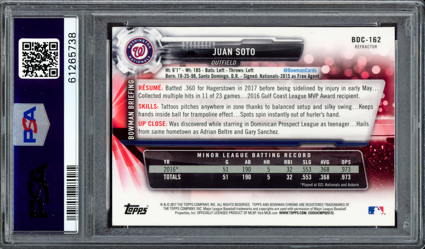 Juan Soto Autographed 2017 Bowman Draft Chrome Refractor Rookie Card #BDC162 New York Mets PSA 10 "2019 WS Champs" PSA/DNA #61265738
