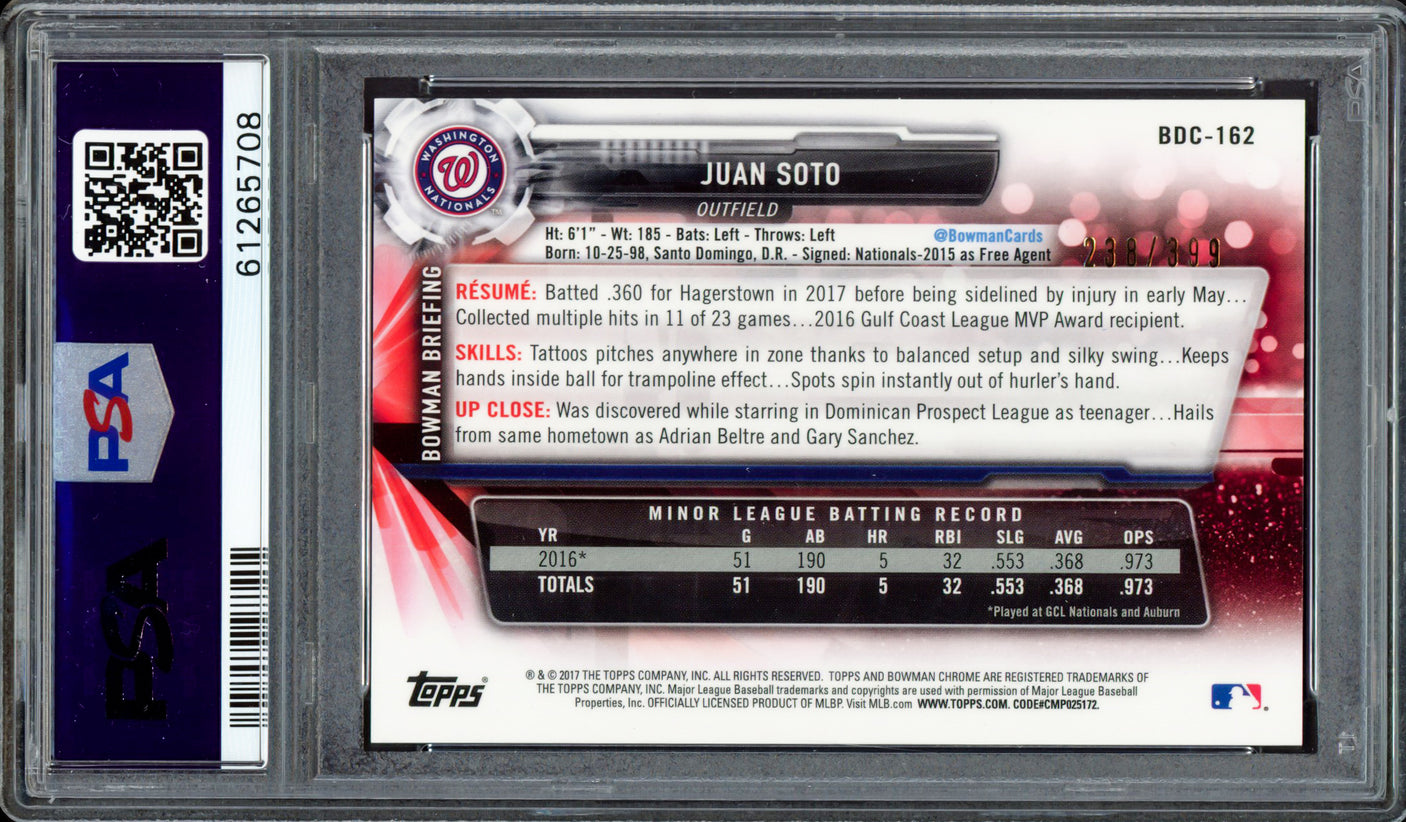 Juan Soto Autographed 2017 Bowman Draft Chrome Sky Blue Refractor Rookie Card #BDC162 New York Mets PSA 9 #238/399 PSA/DNA #61265708