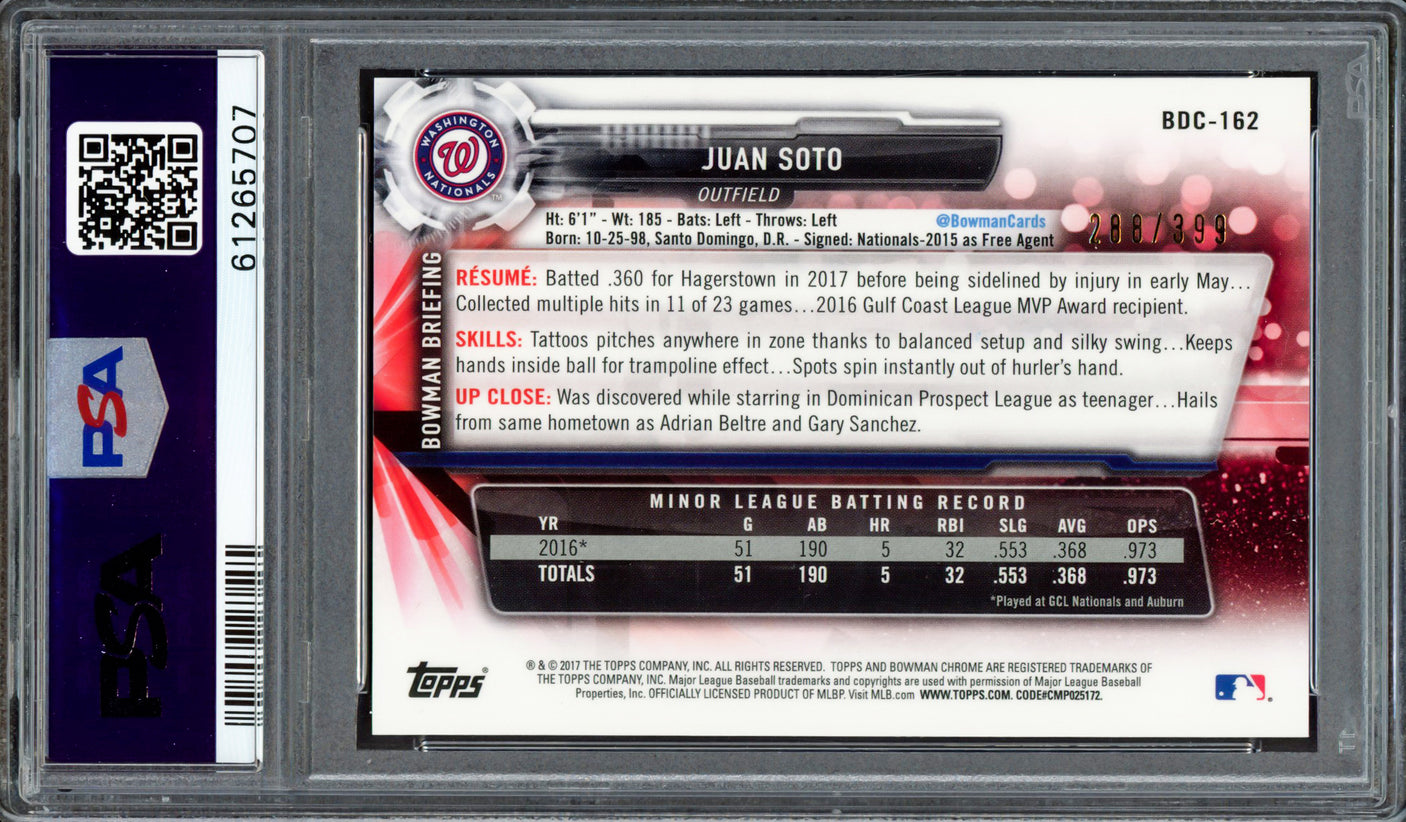 Juan Soto Autographed 2017 Bowman Draft Chrome Sky Blue Refractor Rookie Card #BDC162 New York Mets PSA 9 #288/399 PSA/DNA #61265707