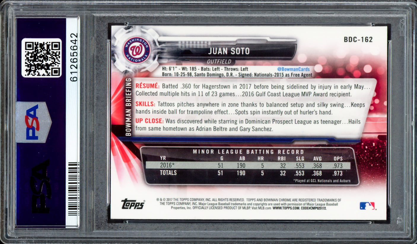 Juan Soto Autographed 2017 Bowman Draft Chrome Rookie Card #BDC162 New York Mets PSA 10 Auto Grade Gem Mint 10 PSA/DNA #61265642