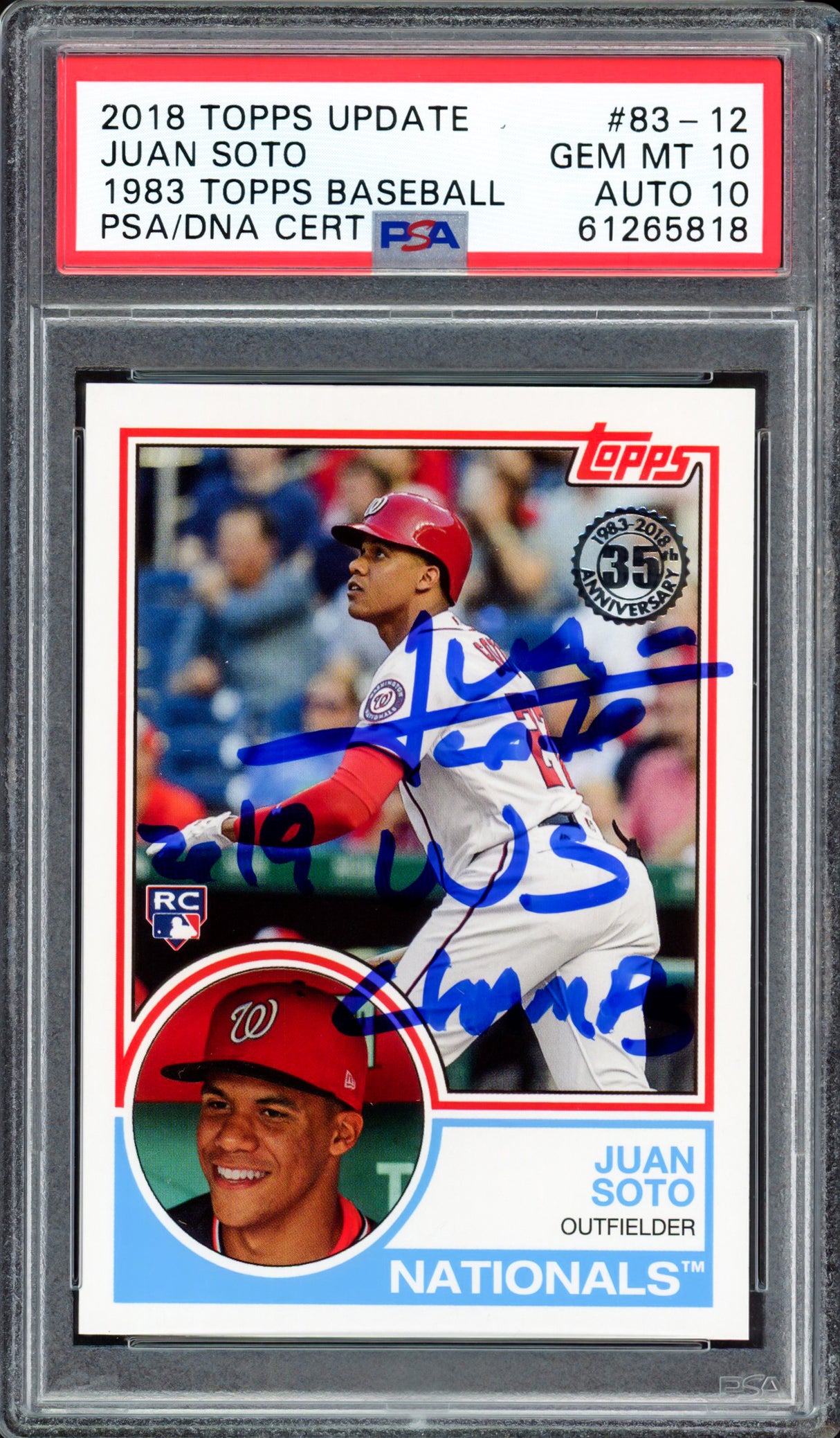 Juan Soto Autographed 2018 Topps Update 1983 Rookie Card #83-12 New York Mets PSA 10 Auto Grade Gem Mint 10 "2019 WS Champs" PSA/DNA #61265818