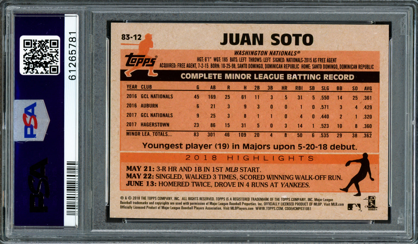 Juan Soto Autographed 2018 Topps Update 1983 Rookie Card #83-12 New York Mets PSA 10 "2019 WS Champs" PSA/DNA #61265781