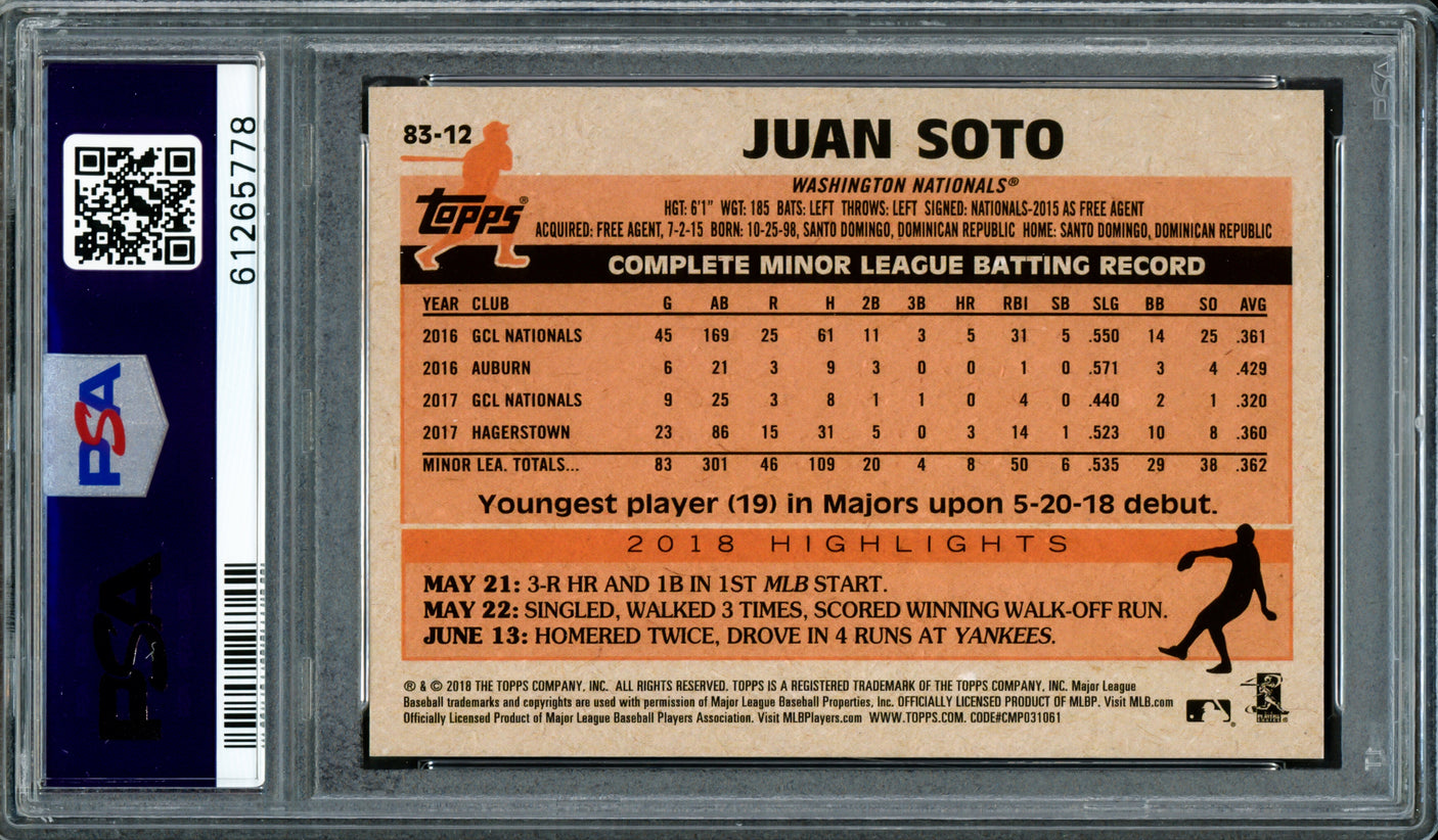 Juan Soto Autographed 2018 Topps Update 1983 Rookie Card #83-12 New York Mets PSA 10 "2019 WS Champs" PSA/DNA #61265778