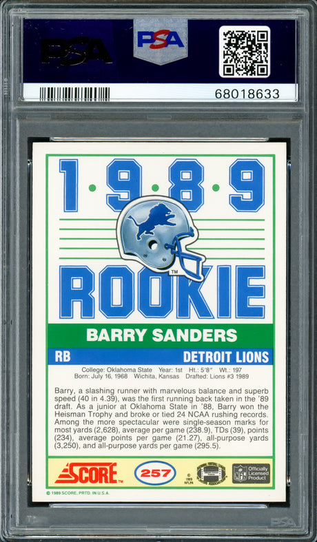 Barry Sanders Autographed 1989 Score Rookie Card #257 Detroit Lions PSA 8 Auto Grade Gem Mint 10 PSA/DNA Stock #215286