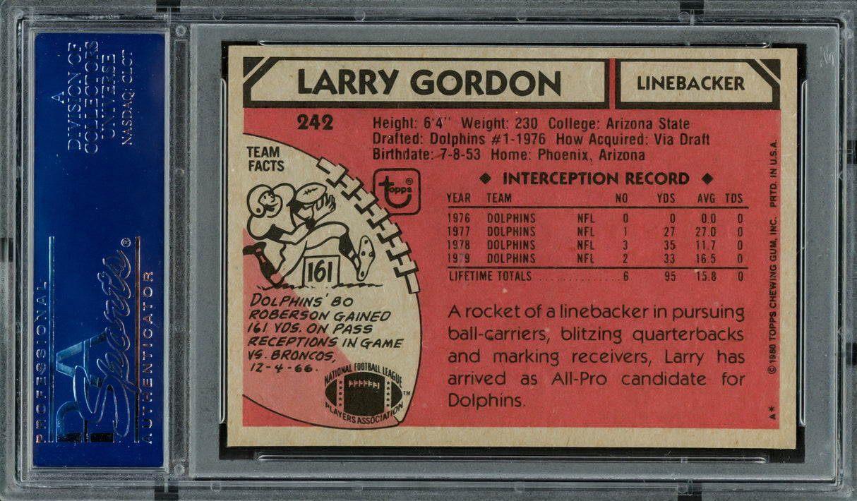Larry Gordon Autographed 1980 Topps Card #242 Miami Dolphins PSA/DNA #83469970