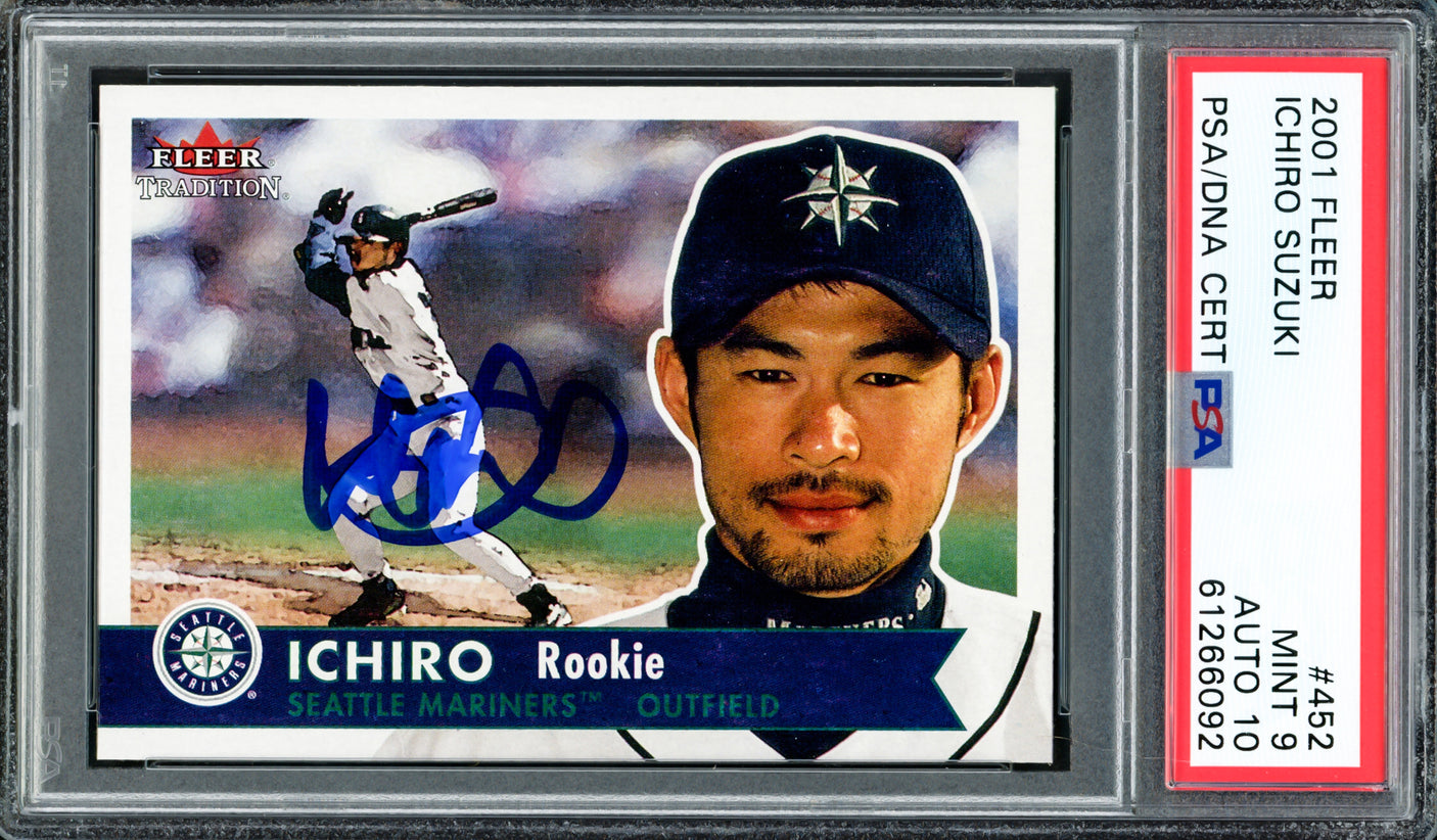 Ichiro Suzuki Autographed 2001 Fleer Tradition Rookie Card #452 Seattle Mariners PSA 9 Auto Grade Gem Mint 10 PSA/DNA #61266092