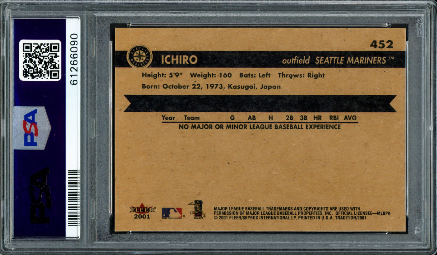 Ichiro Suzuki Autographed 2001 Fleer Tradition Rookie Card #452 Seattle Mariners PSA 9 Auto Grade Gem Mint 10 PSA/DNA #61266090