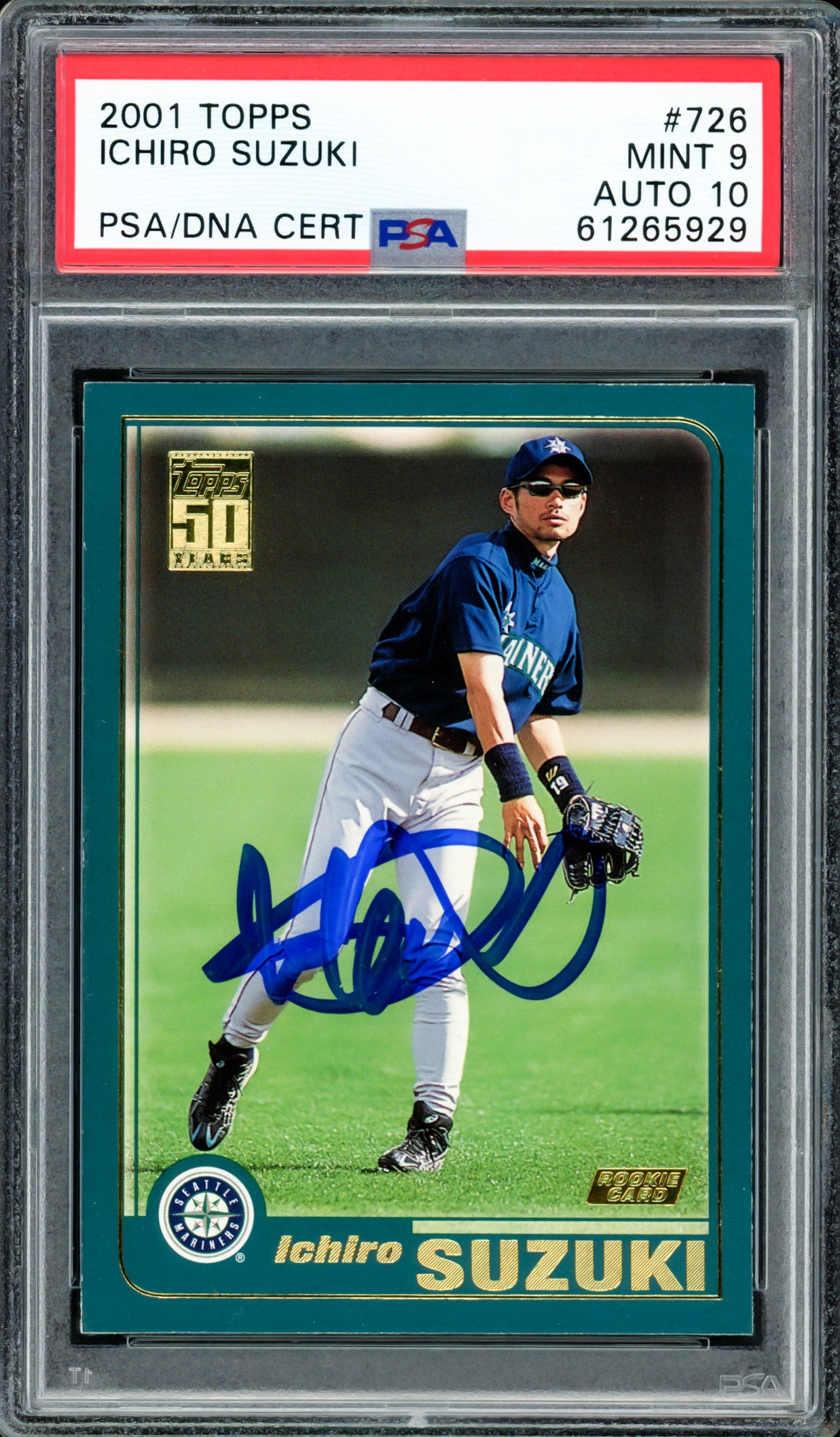 Ichiro Suzuki Autographed 2001 Topps Rookie Card #726 Seattle Mariners PSA 9 Auto Grade Gem Mint 10 PSA/DNA #61265929