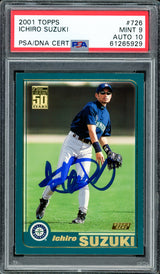 Ichiro Suzuki Autographed 2001 Topps Rookie Card #726 Seattle Mariners PSA 9 Auto Grade Gem Mint 10 PSA/DNA #61265929