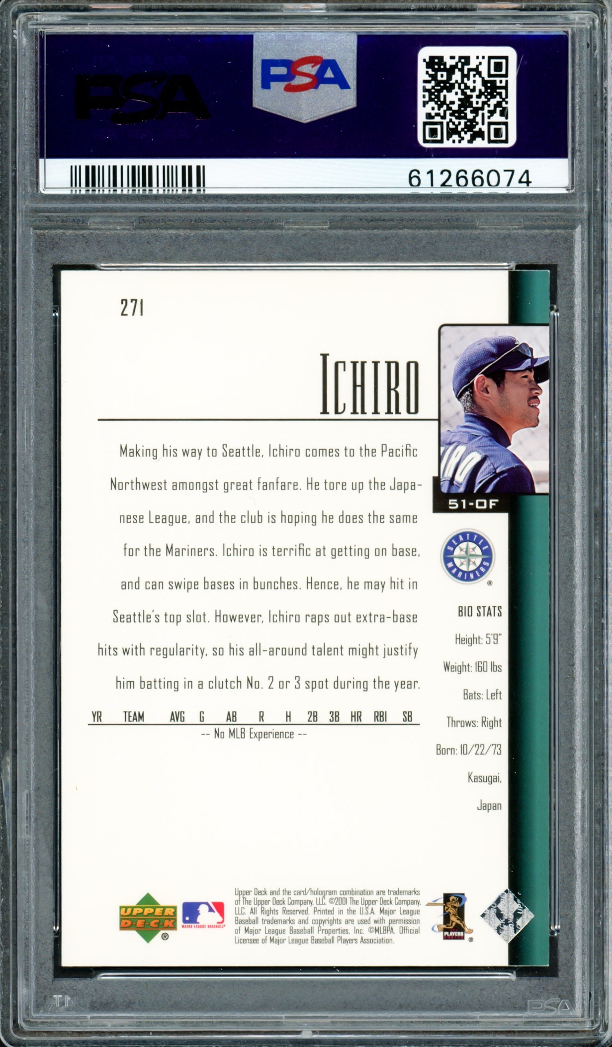 Ichiro Suzuki Autographed 2001 Upper Deck Rookie Card #271 Seattle Mariners PSA 9 Auto Grade Gem Mint 10 PSA/DNA #61266074