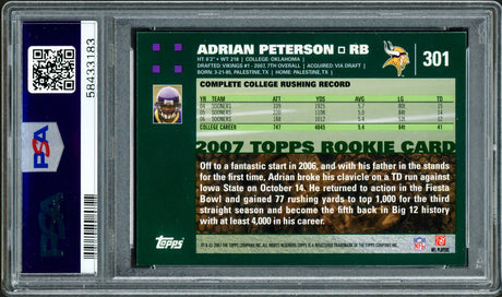Adrian Peterson Autographed 2007 Topps Rookie Card #301 Minnesota Vikings PSA 9 Auto Grade Gem Mint 10 PSA/DNA #58433183