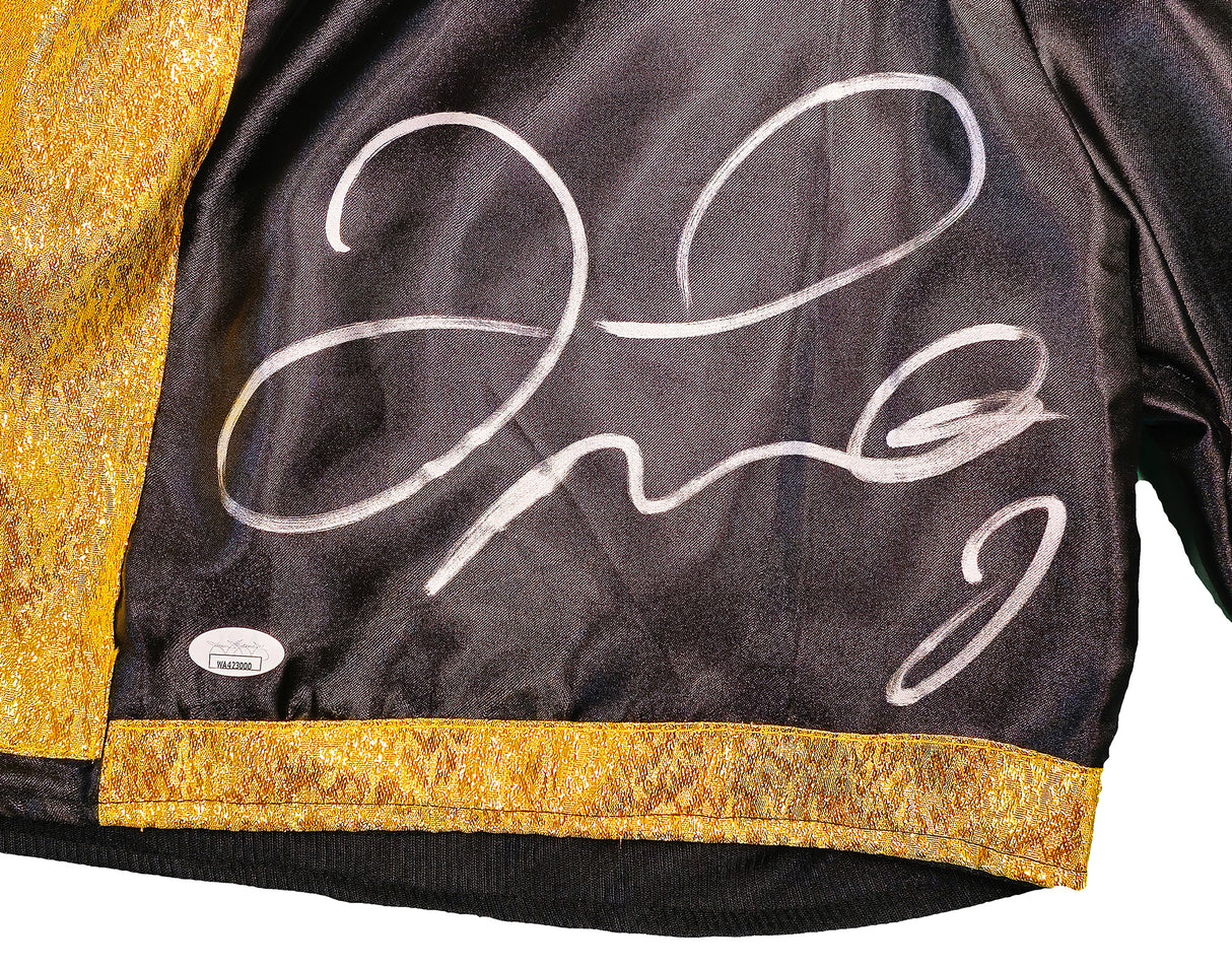 Floyd Mayweather Jr Autographed Black & Gold Boxing Trunks JSA Stock #228781