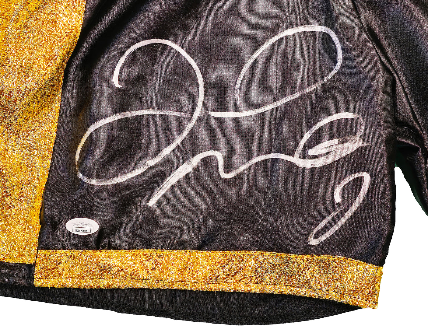 Floyd Mayweather Jr Autographed Black & Gold Boxing Trunks JSA Stock #228781