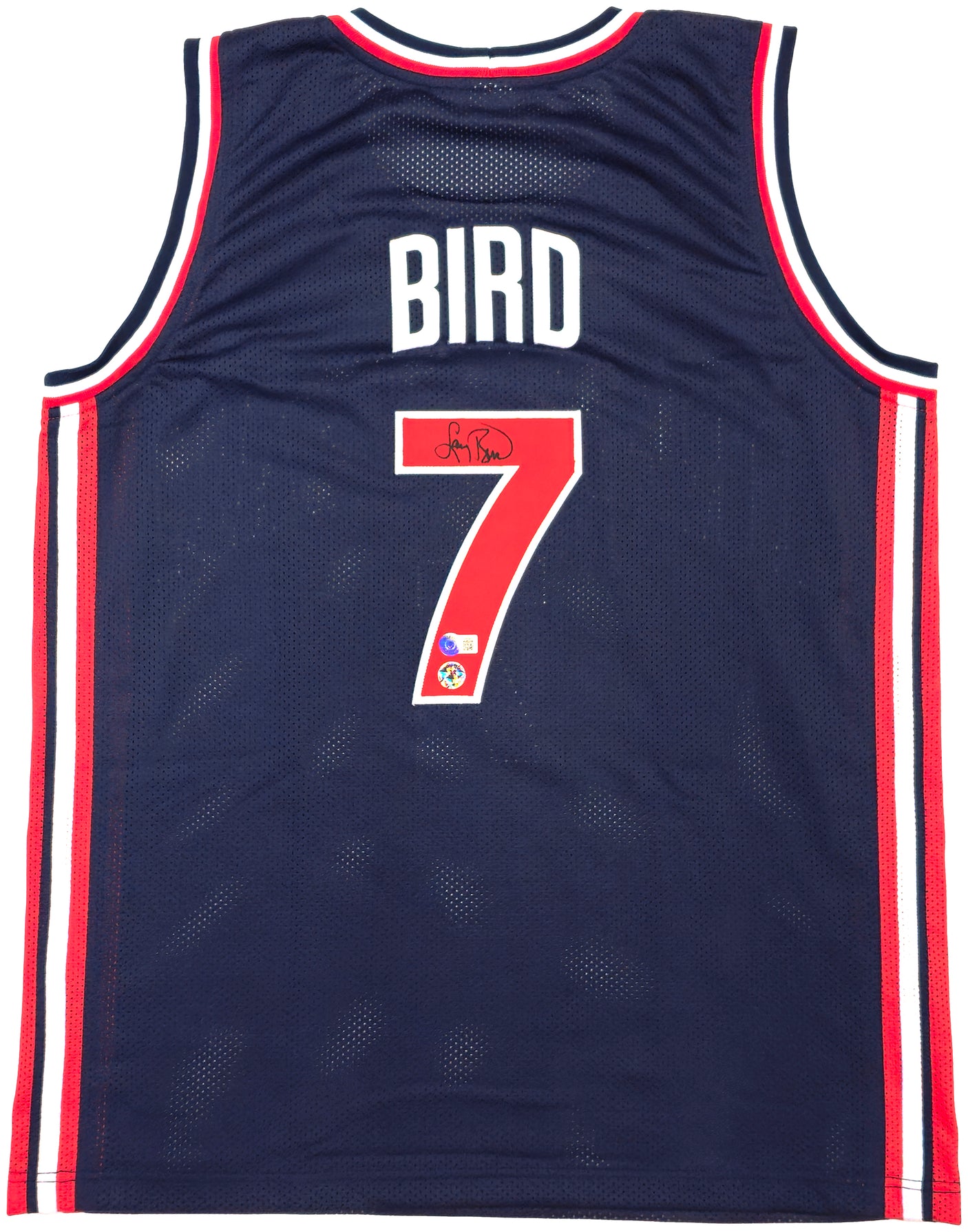 Team USA Larry Bird Autographed Blue Basketball Jersey Beckett BAS QR Stock #228094