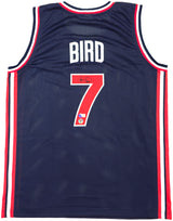 Team USA Larry Bird Autographed Blue Basketball Jersey Beckett BAS QR Stock #228094