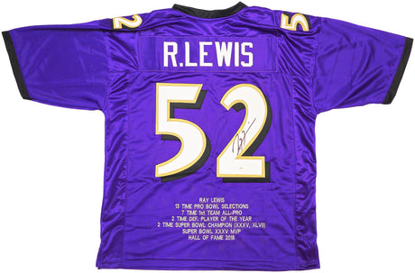 Baltimore Ravens Ray Lewis Autographed Purple Football Jersey With Stats JSA Stock #228090