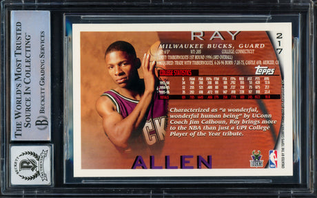 Ray Allen Autographed 1996 Topps Rookie Card #217 Milwaukee Bucks Auto Grade Gem Mint 10 Beckett BAS Stock #228970
