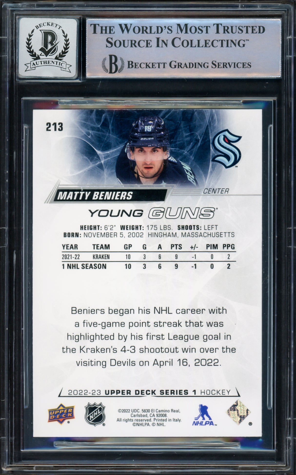 Matty Beniers Autographed 2022-23 Upper Deck Young Guns Rookie Card #213 Seattle Kraken Auto Grade Gem Mint 10 Beckett BAS Stock #228971