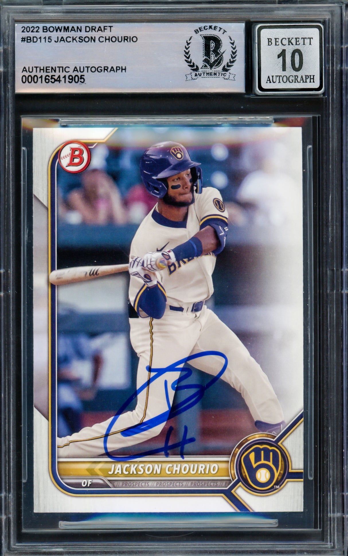 Jackson Chourio Autographed 2022 Bowman Draft Rookie Card #BD115 Milwaukee Brewers Auto Grade Gem Mint 10 Beckett BAS Stock #228972