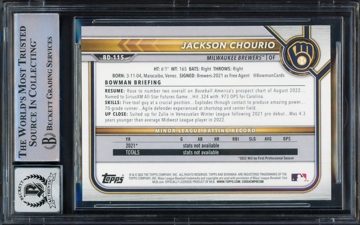 Jackson Chourio Autographed 2022 Bowman Draft Rookie Card #BD115 Milwaukee Brewers Auto Grade Gem Mint 10 Beckett BAS Stock #228972