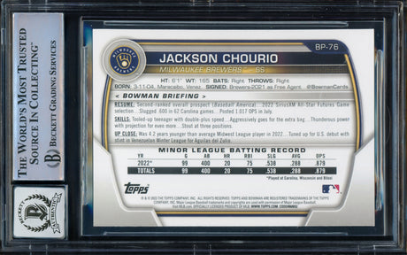 Jackson Chourio Autographed 2023 Bowman Prospects Rookie Card #BP76 Milwaukee Brewers Auto Grade Gem Mint 10 Beckett BAS Stock #228974