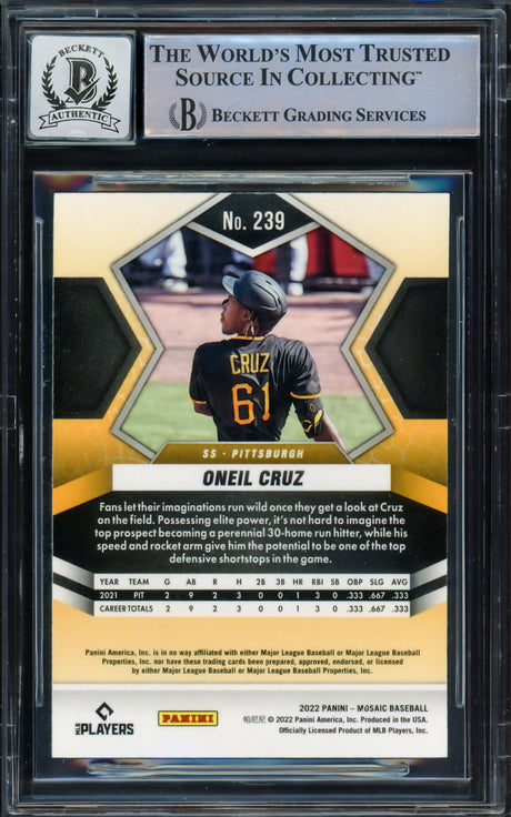 Oneil Cruz Autographed 2022 Panini Mosaic Rookie Card #239 Pittsburgh Pirates Auto Grade Gem Mint 10 Beckett BAS Stock #228976