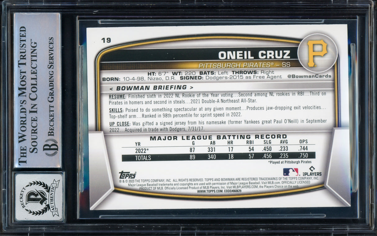 Oneil Cruz Autographed 2023 Bowman Card #19 Pittsburgh Pirates Auto Grade Gem Mint 10 Beckett BAS Stock #228978