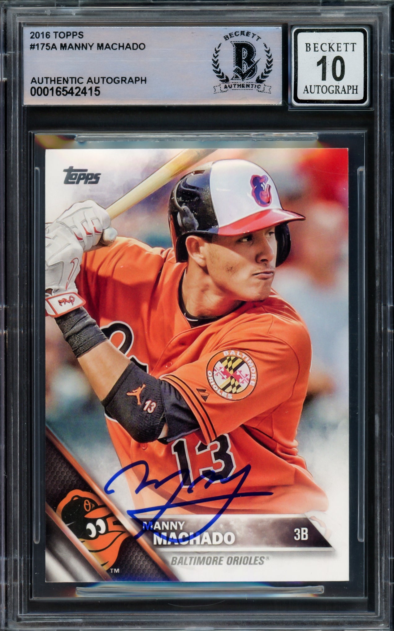 Manny Machado Autographed 2016 Topps Card #175 Baltimore Orioles Auto Grade Gem Mint 10 Beckett BAS Stock #228981