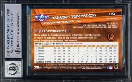 Manny Machado Autographed 2017 Topps Opening Day Card #80 Baltimore Orioles Auto Grade Gem Mint 10 Beckett BAS Stock #228983